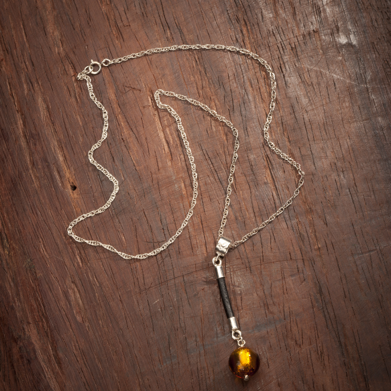 Bronze Bead Pendant with Black Leather Drop
