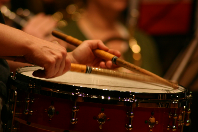 Close up of pro mark sticks and snare drum.