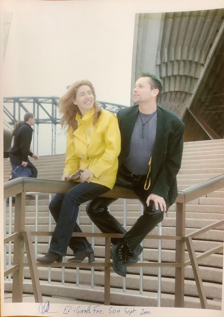 Evelyn pictured here with the New Zealand composer, Gareth Farr in 2000 on the steps of the Sydney Opera House, September 2000