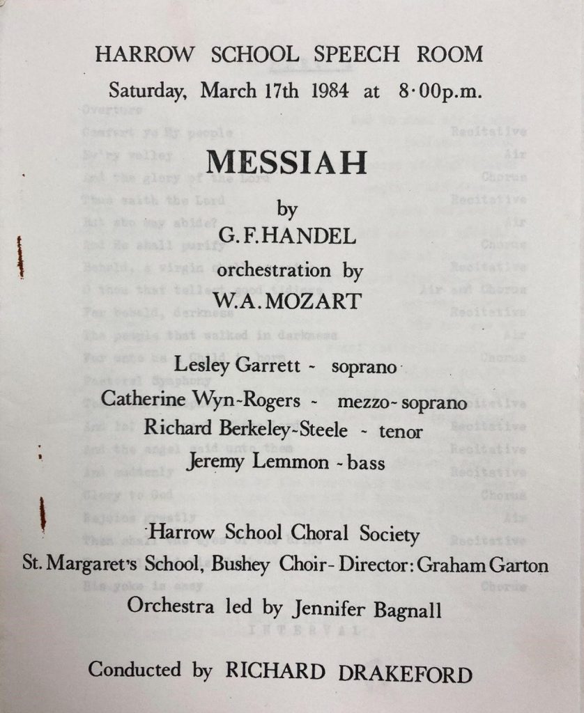 The cover of the programme from the 1984 performance of Messiah at Harrow School Speech Room, listing Lesley Garrett as Soprano