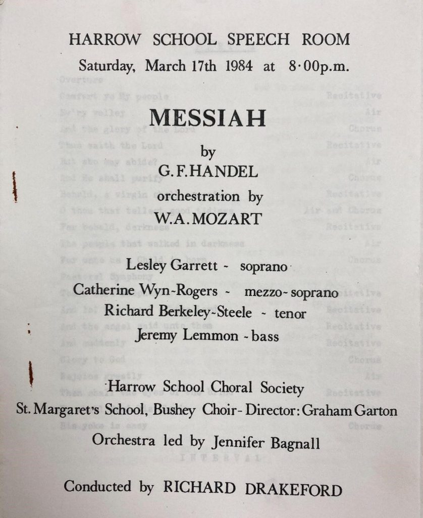 The cover of the programme from the 1984 performance of Messiah at Harrow School Speech Room, listing Lesley Garrett as Soprano