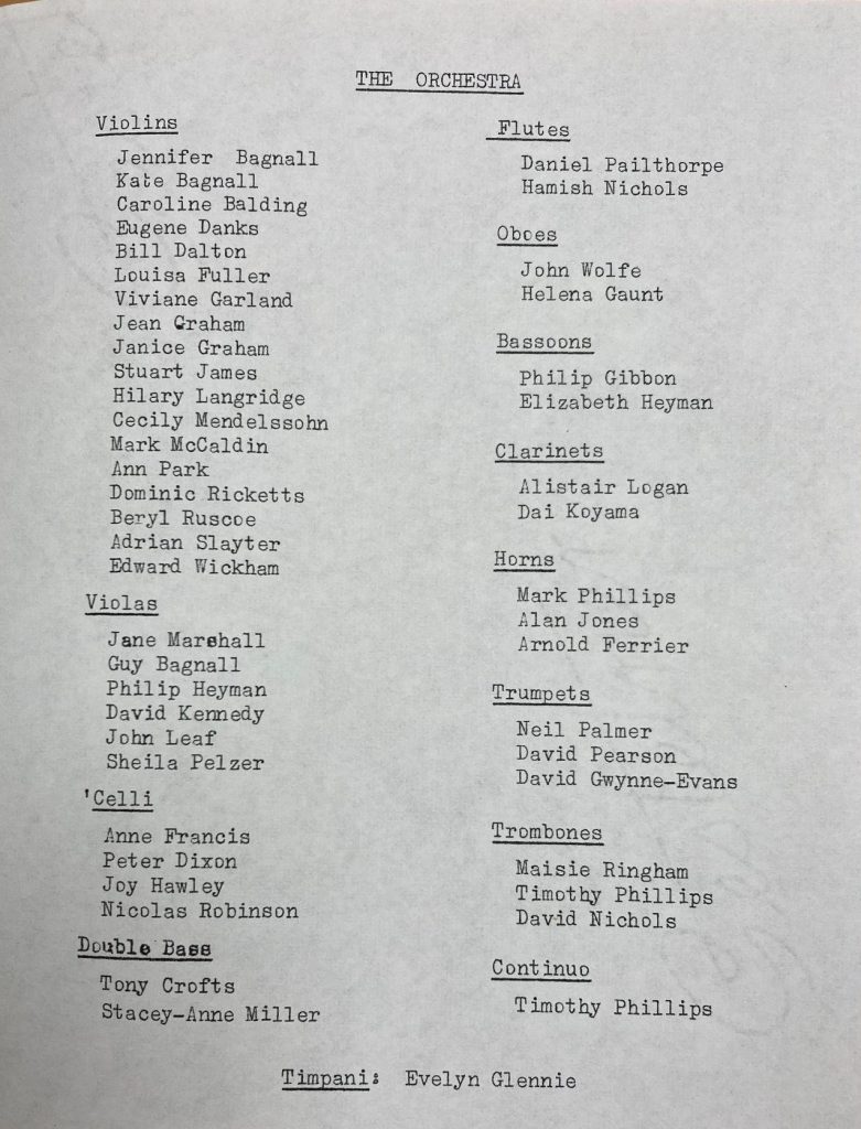 Programme from the 1984 performance of Messiah at Harrow School Speech Room, listing Lesley Garrett as Soprano, and detailing of the members of the Orchestra, listing Evelyn on Timpani.