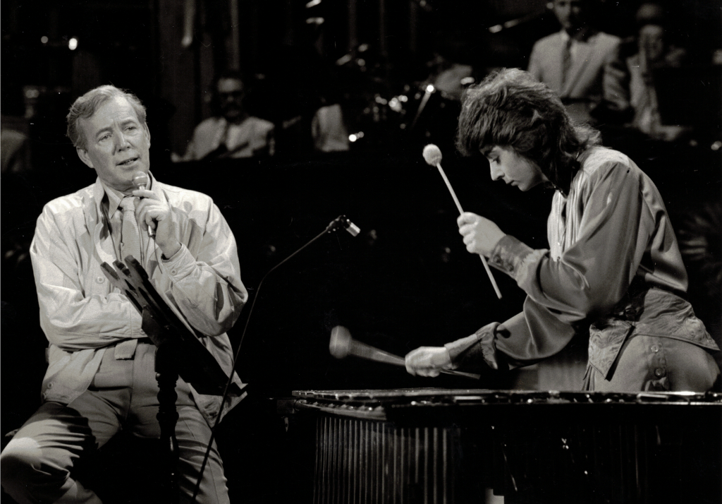 A black and white photo of Evelyn and Val Doonican, with Evelyn playing the Marimba and Val singing, for his Christmas 1986 Show