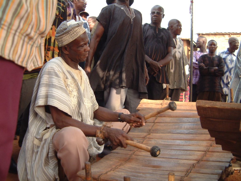 Thomas Sekgura playing the gyil at the Dagaare funeral: the main arena for the music