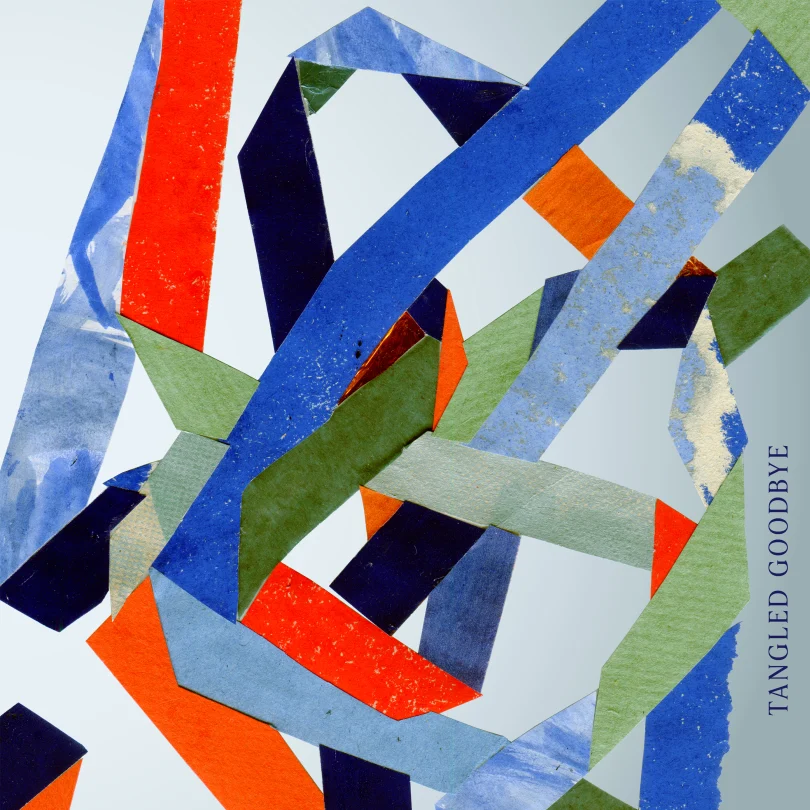 The album cover for 'Tangled Goodbye' - featuring a coloured paper strip in multiple colours, twisted and flattened in a riot of colour.