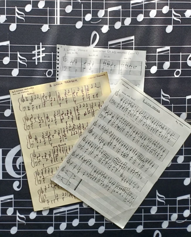 Three hand-written manuscripts of ‘A Little Prayer’, in Evelyn’s handwriting, the earliest being dated August 1984 which was created for the published version by Faber Music. The piece was originally written by Evelyn aged 13 in 1978.