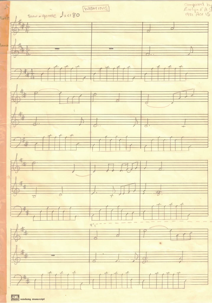 Piano and Flute Score for Wishing - Page 1 - dated 1981
