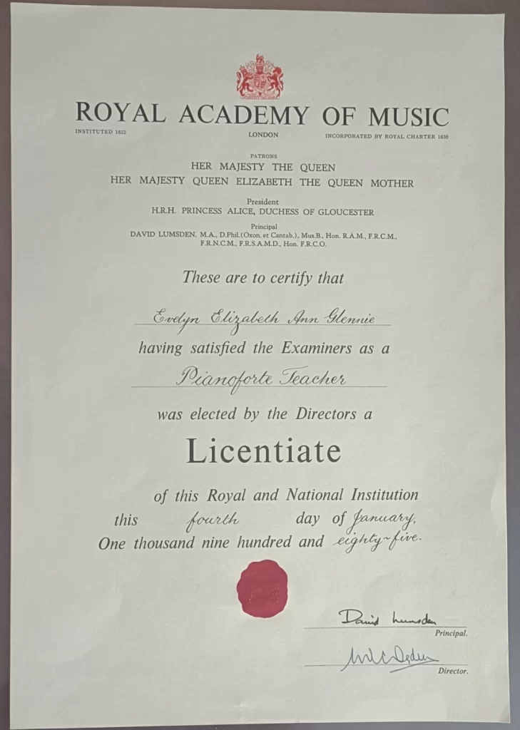 RAM - Licentiate Certificate - Piano Teacher - dated 04th January 1985
