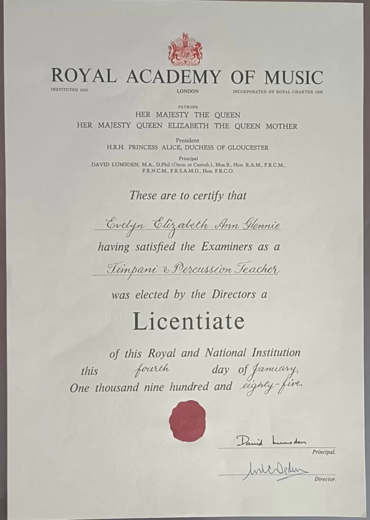 RAM - Licentiate Certificate - Timpani and Percussion Teacher - dated 04th January 1985