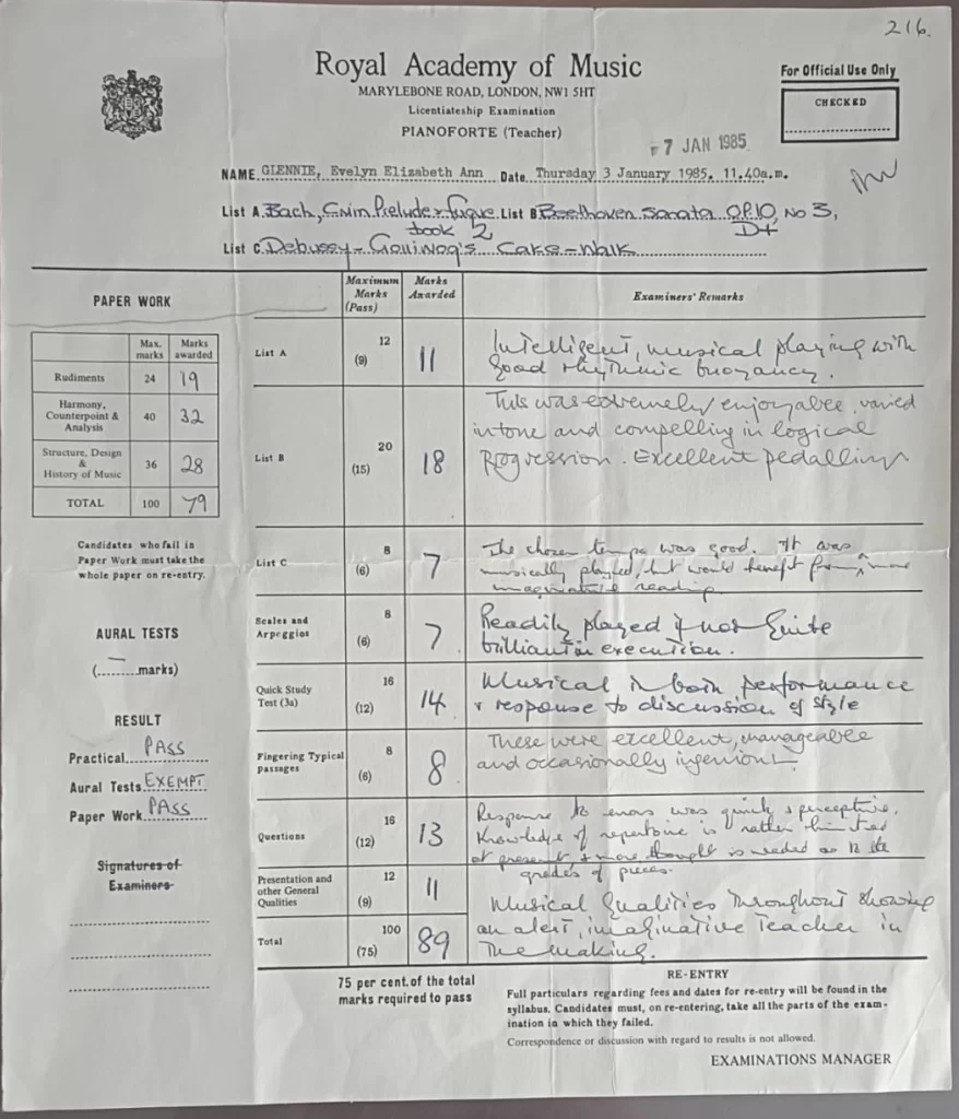 RAM - Licentiateship Paperwork - Piano Teacher - dated 03rd January 1985