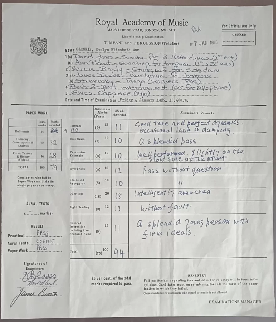 RAM - Licentiateship Paperwork - Timpani and Percussion Teacher - dated 04th January 1985