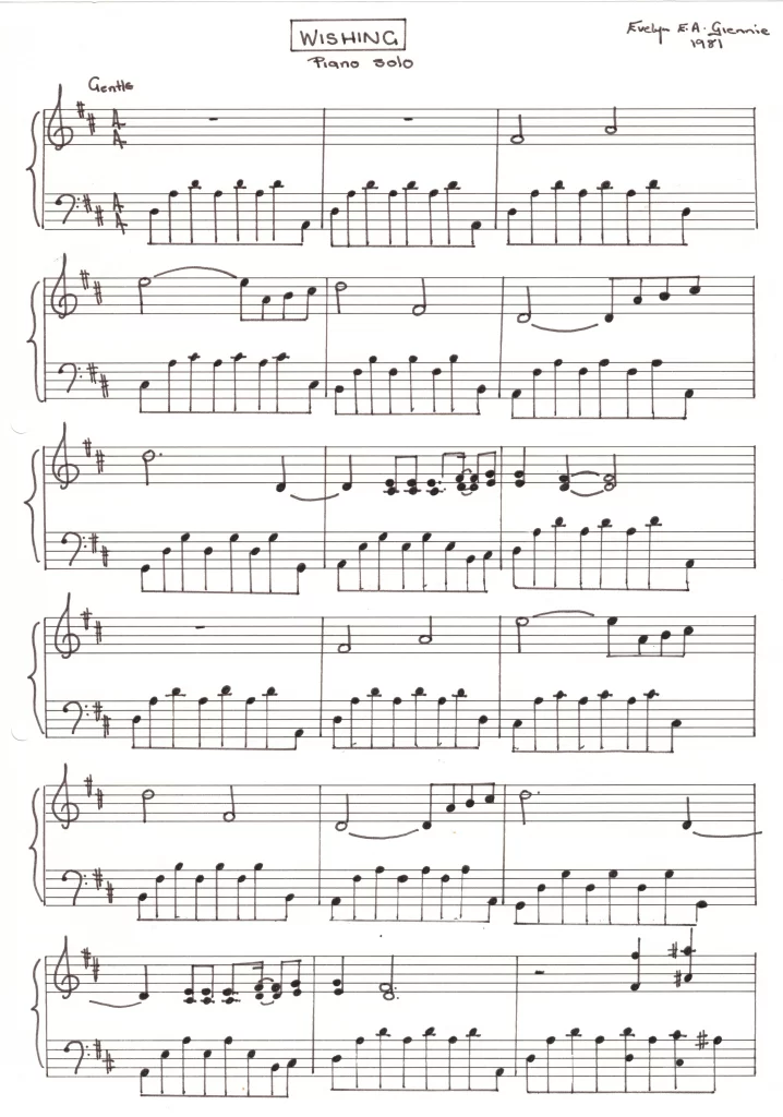 Solo Piano Score for Wishing - Page 1 - dated 1981